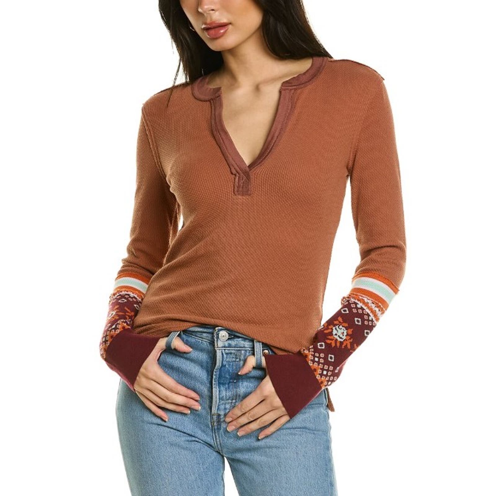 Free People NWT Mikah Layering Cuff Pullover V-Neck Knit Shirt Large OB1543742