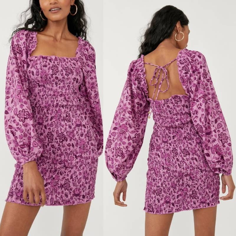 Free People NWT Smock It To Me Floral Puff Sleeve Mini Dress Azalea Combo Medium