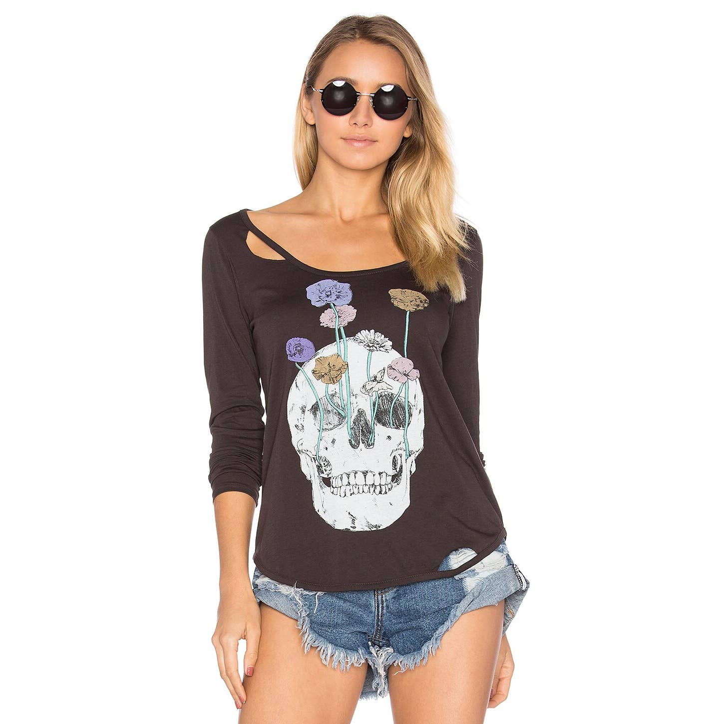 Chaser Revolve NWT Garden Skull Cutout Long Sleeve Distressed Top Union Black