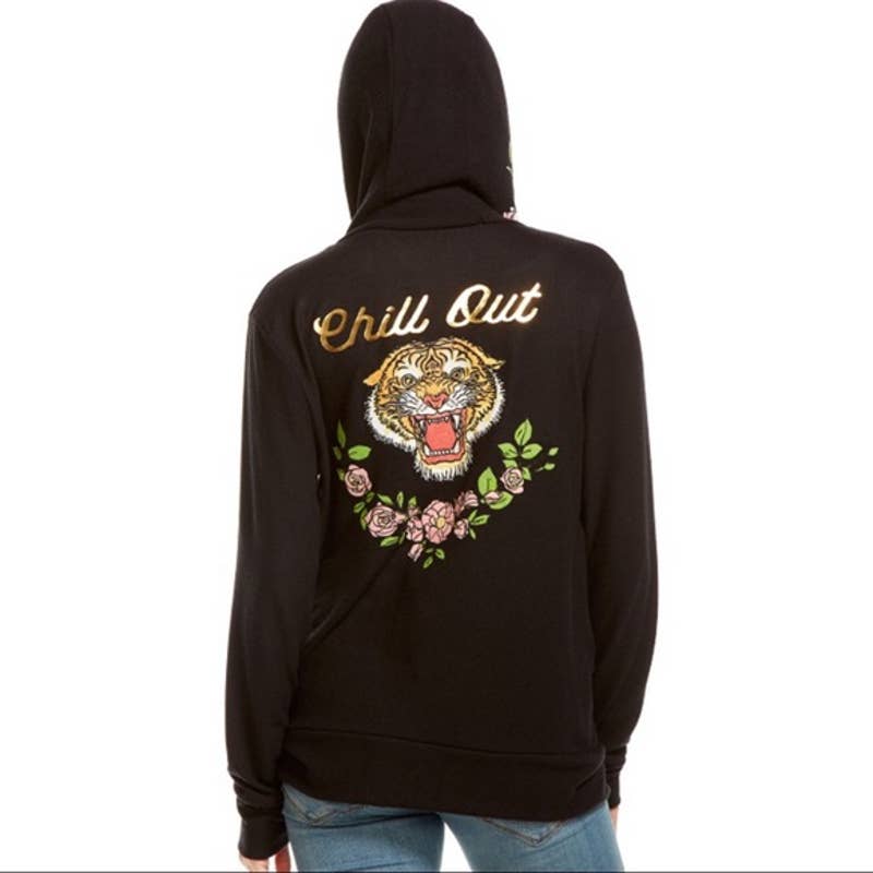 Chaser NWT Chill Out Tiger Floral Emboidered Hoodie Sweatshirt Black Size Medium
