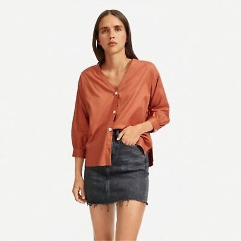 Everlane NWT The Silky Cotton Lantern V-Neck Button Front Top Blouse Burn Size 0