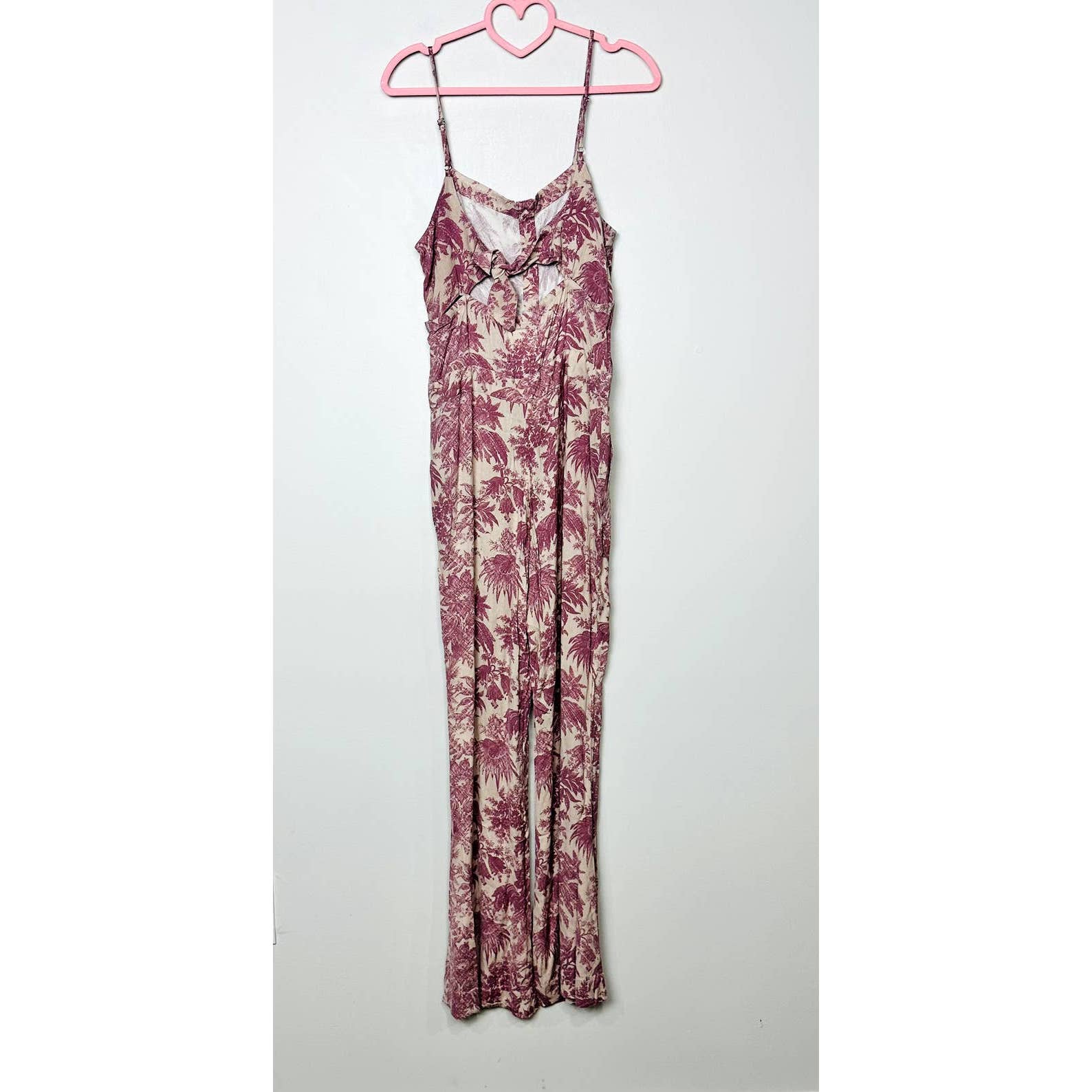 Chaser NWT Button Front Spaghetti Straps Floral Cutout Knot Jumpsuit Pink Small