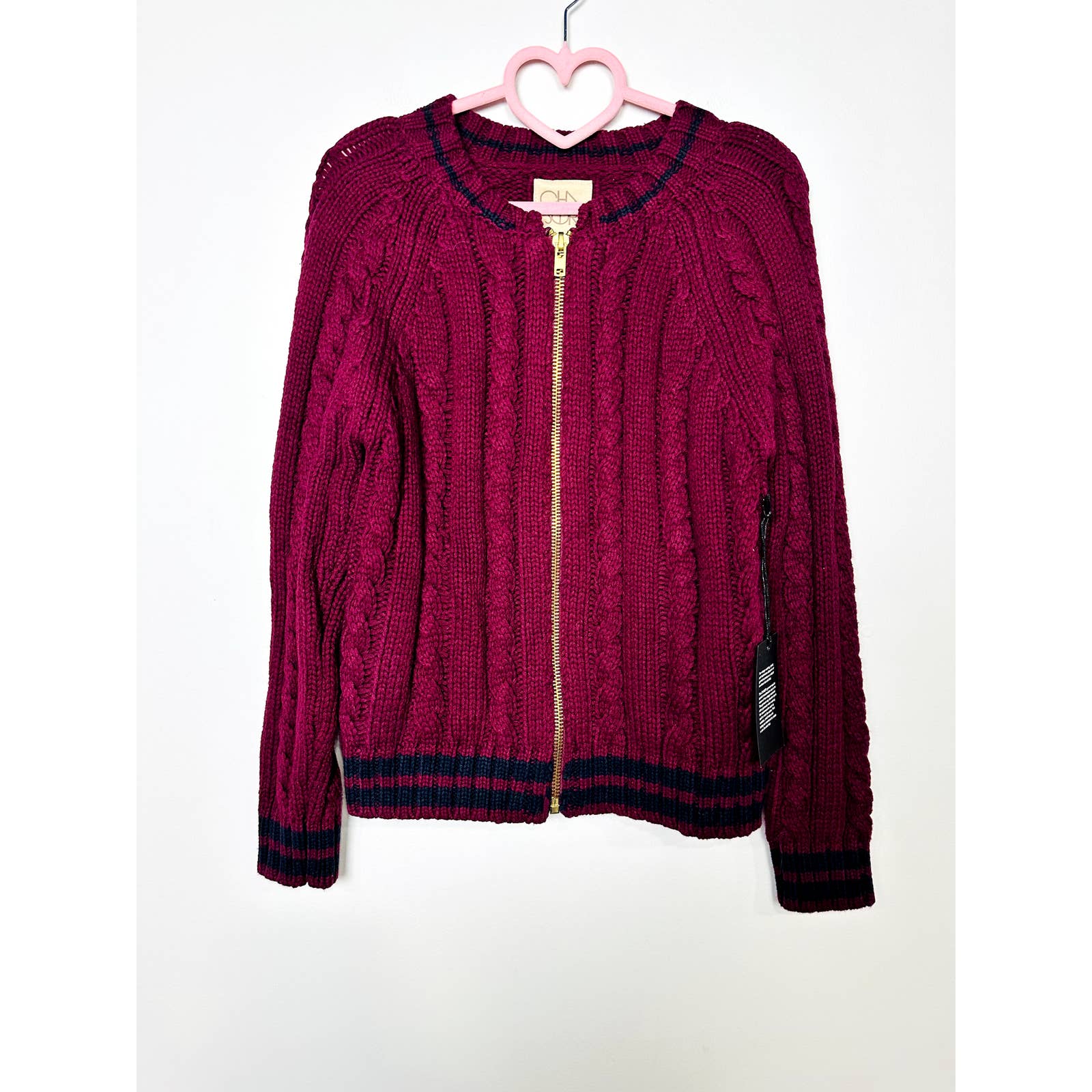 Chaser NWT Cable Knit Chunky Full Zip Cozy Cardigan Sweater Magenta Size Small