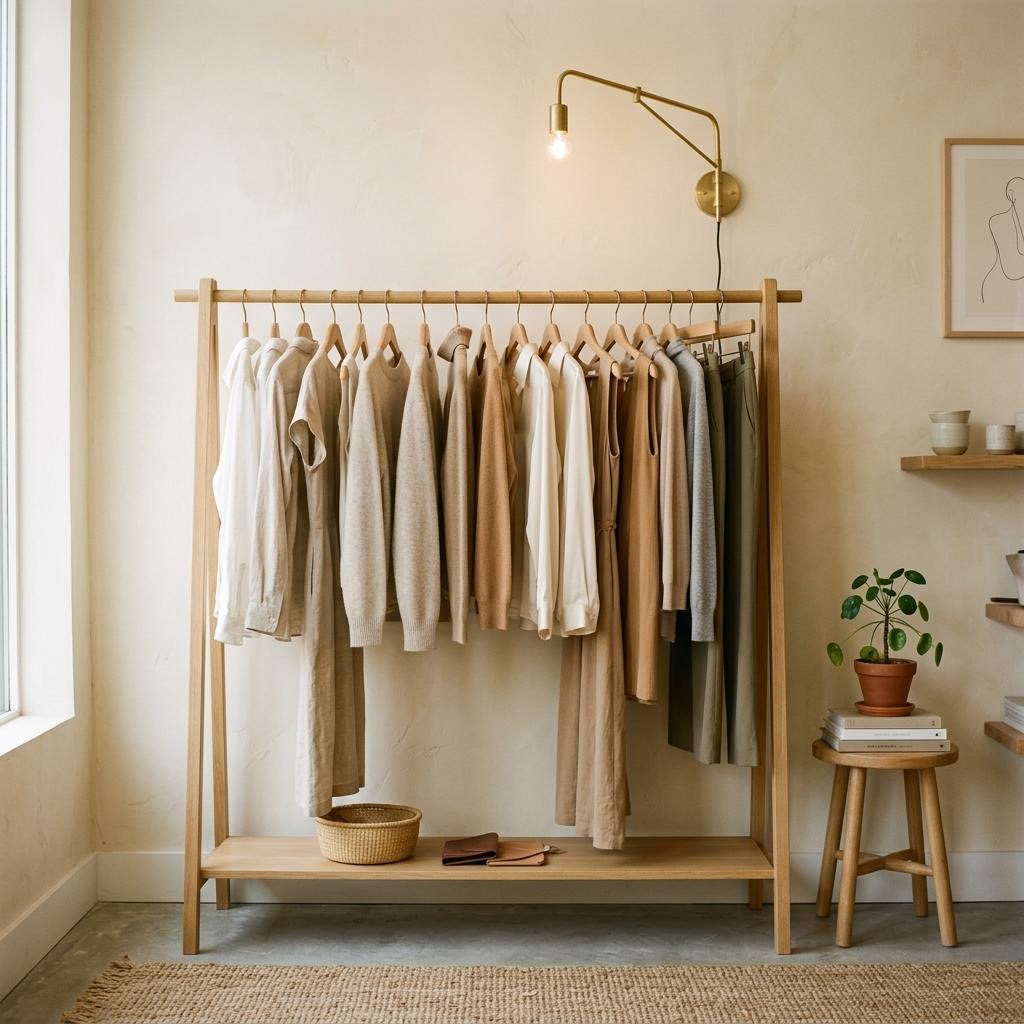 Neutral-toned women's clothing on a wooden clothing rack in a boutique setting