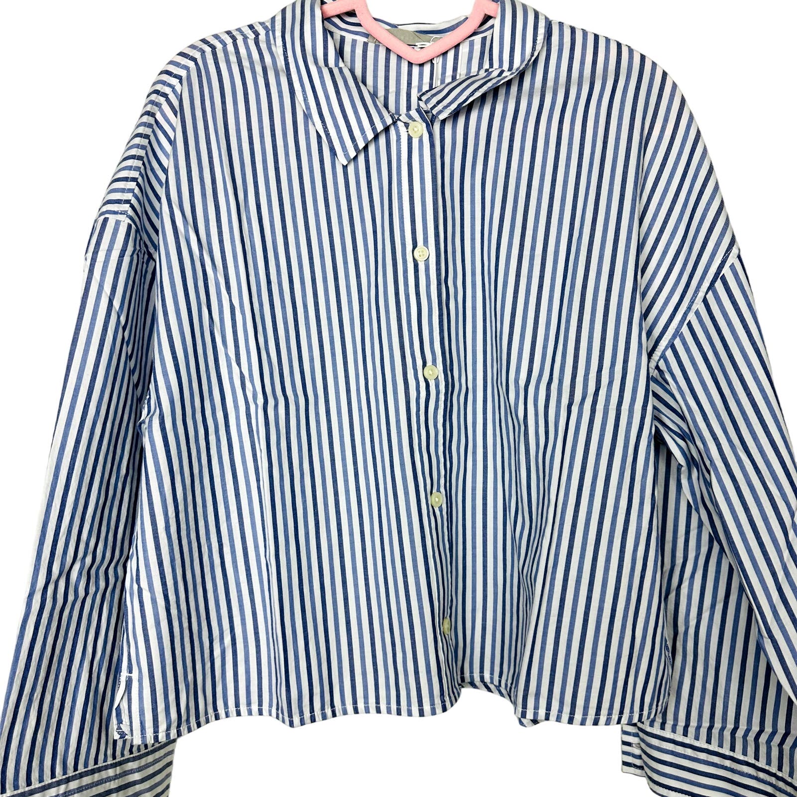 Everlane NWT The Woven P.J. Longsleeve Button Front Striped Top Blue White Size Small