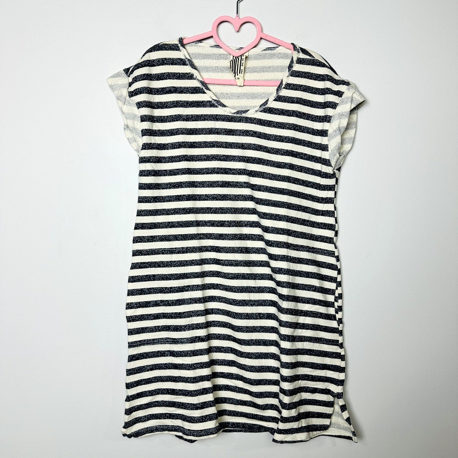 Free People NWOT Terry Cloth Striped Short Sleeve Dress Navy/Beige Size XS