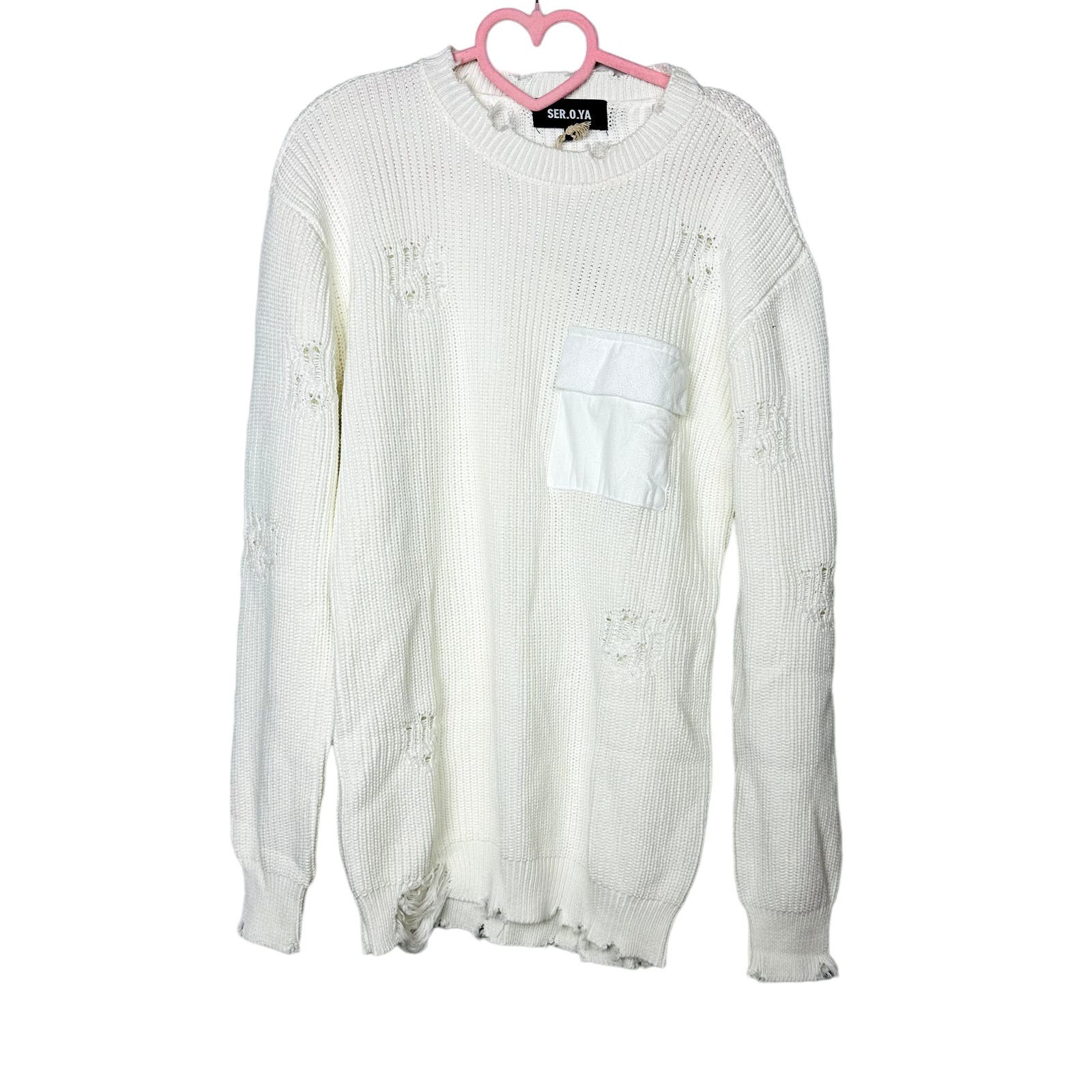 Ser.O.Ya Revolve NWT Devin Sweater White Distressed Cable Knit Pullover Size 2XS