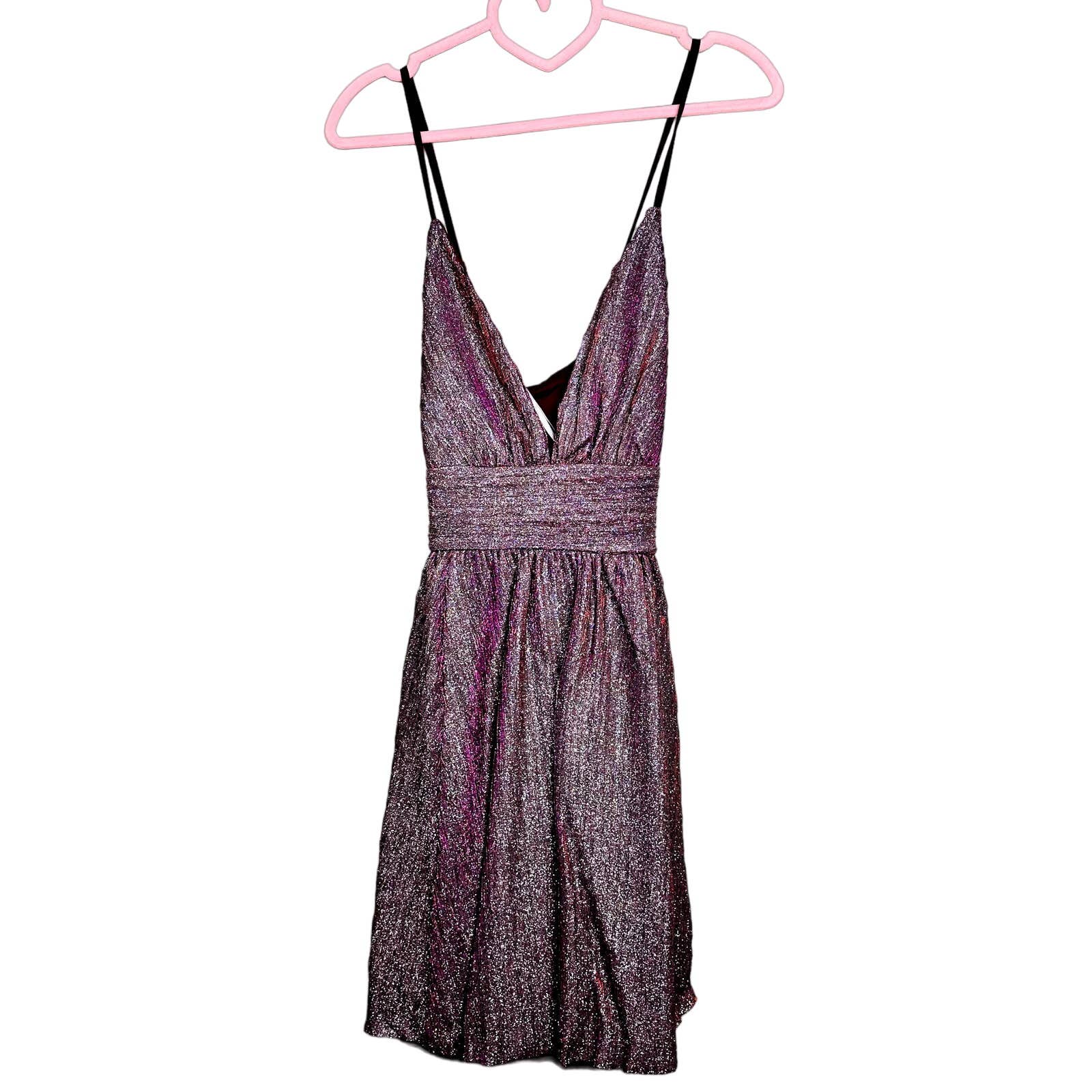 Lulus NWT Stop the Show Glitter Mettallic V-Neck Skater Dress Burgundy Sz Medium