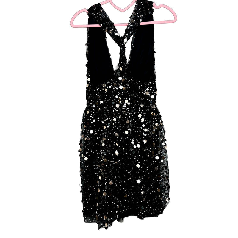 Lulus NWT Shine On You Sequin Plunge V-Neck Mini Skater Dress Black