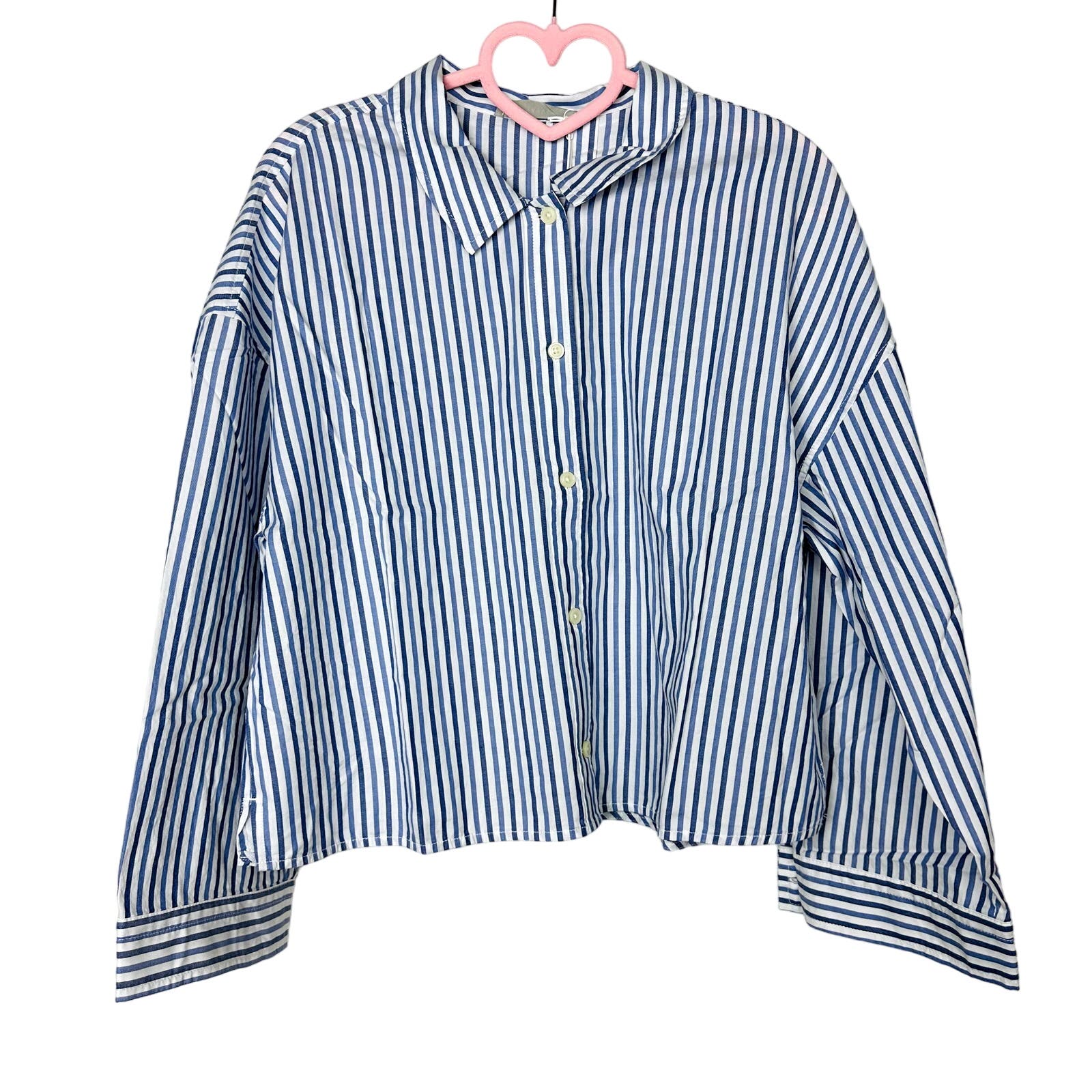 Everlane NWT The Woven P.J. Longsleeve Button Front Striped Top Blue White Size Small