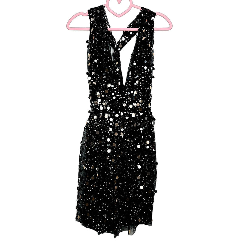 Lulus NWT Shine On You Sequin Plunge V-Neck Mini Skater Dress Black
