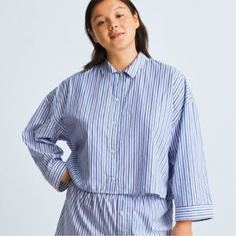 Everlane NWT The Woven P.J. Longsleeve Button Front Striped Top Blue White Size Medium