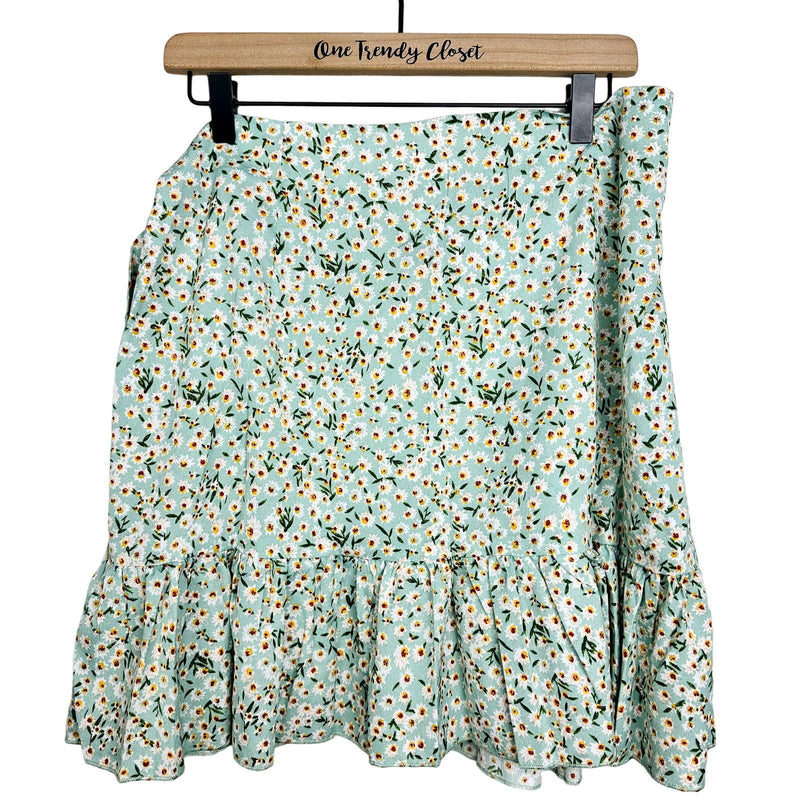 Lulus NWT Flourishing Dreams Ditsy Floral Print Wrap Mini Skirt Mint Green