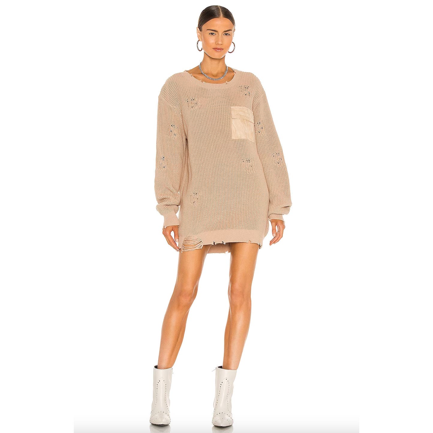 Ser.O.Ya NWT Tan Devin Crew Neck Pullover Distressed Sweater Dress Size 2XS