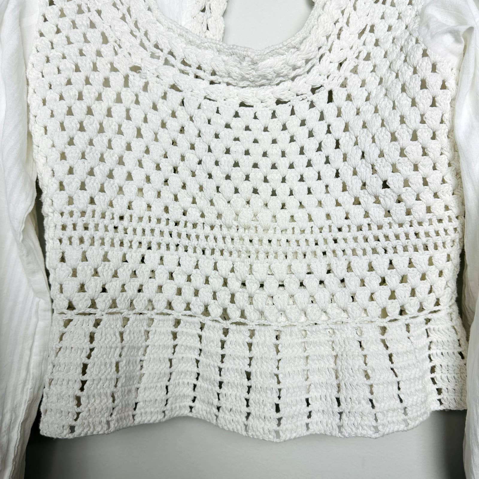 Free People NWT Megan Crochet Open Back Long Sleeve Eyelet Crop Top Ivory Sz XS
