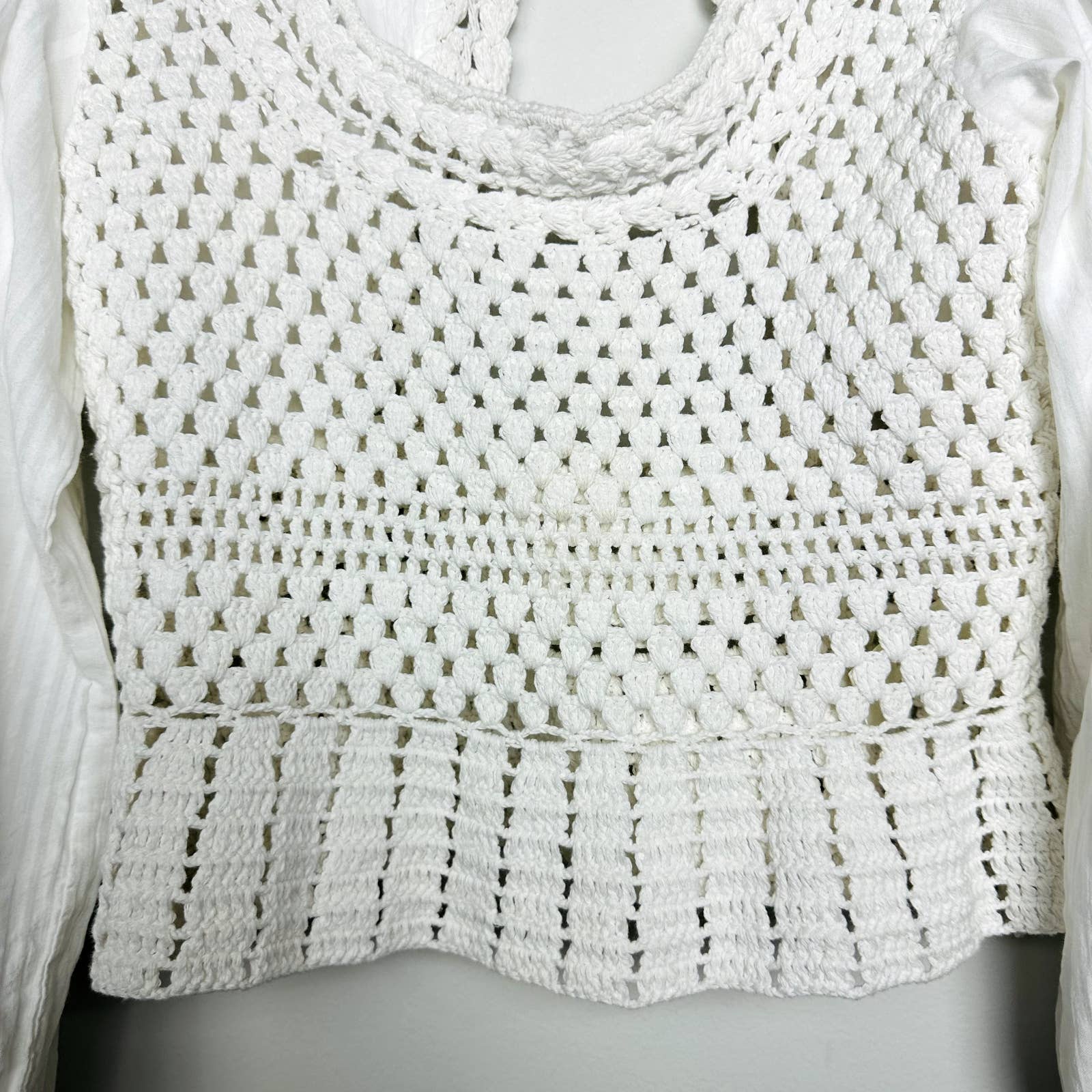 Free People NWT Megan Crochet Open Back Long Sleeve Eyelet Crop Top Ivory Sz XS