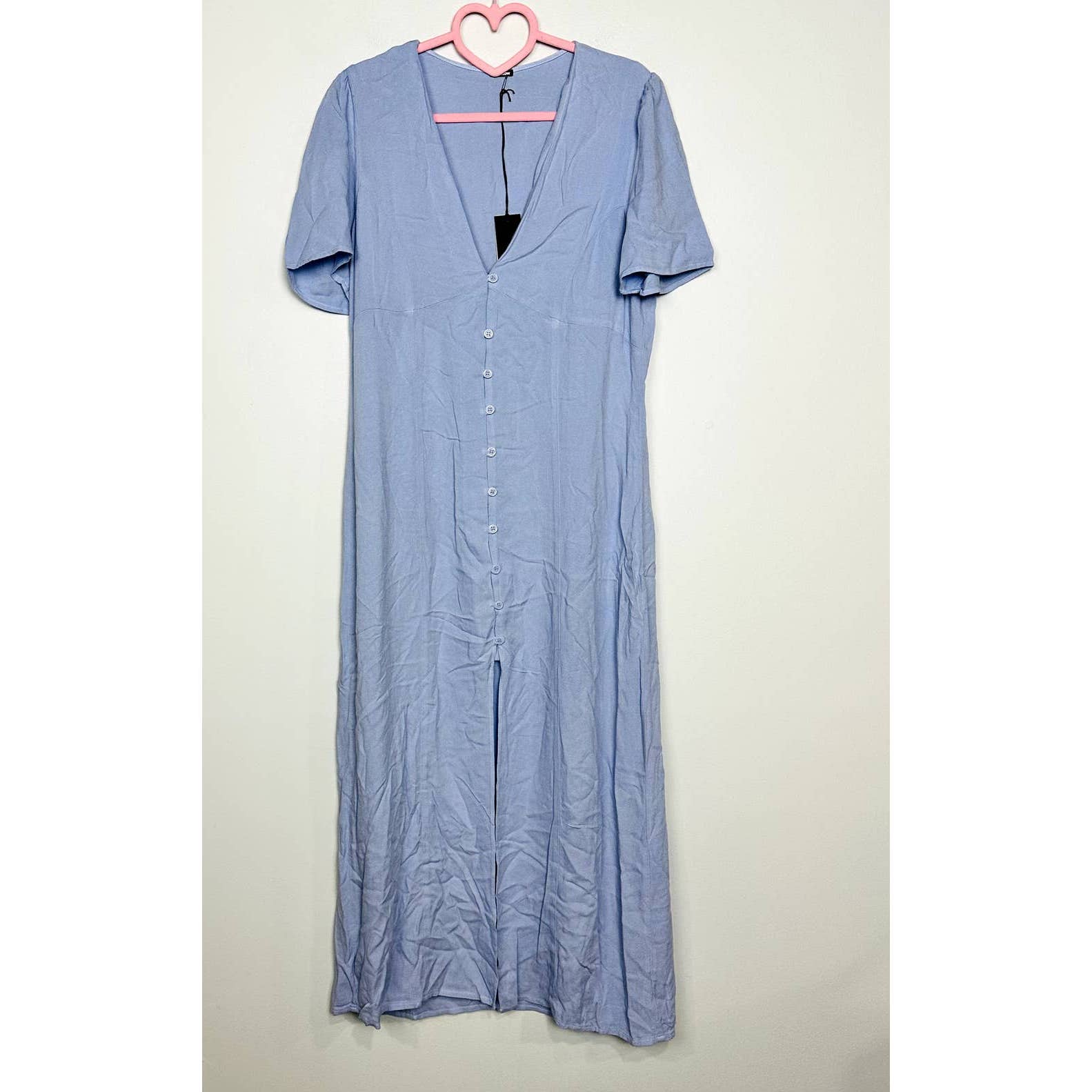 Monrow NWOT Short Sleeve V-Neck Button Front Slit Front Shirt Dress Blue