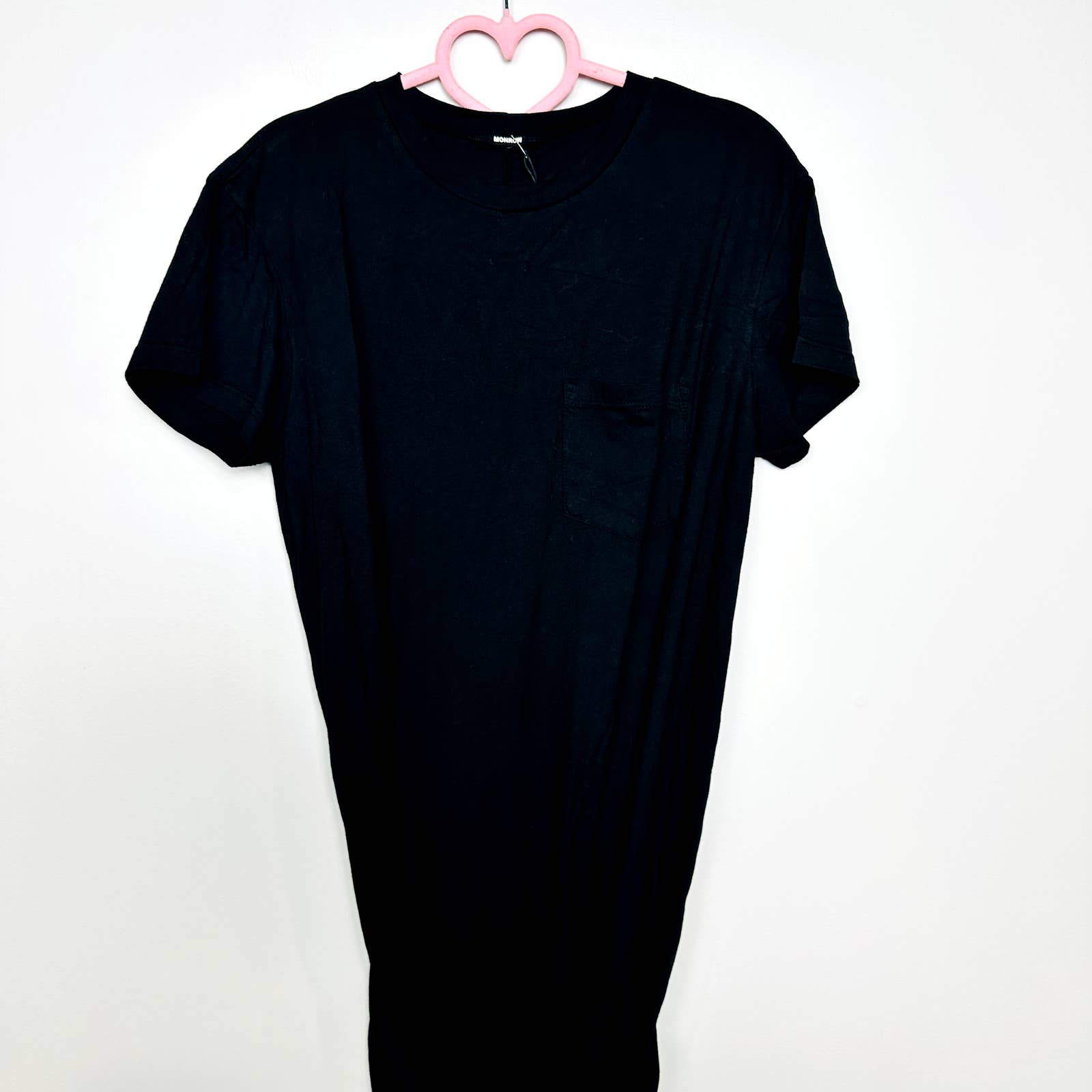 Monrow NWOT Crew Neck Short Sleeve Pocket Tee Dress Slit Tie Black Size Small