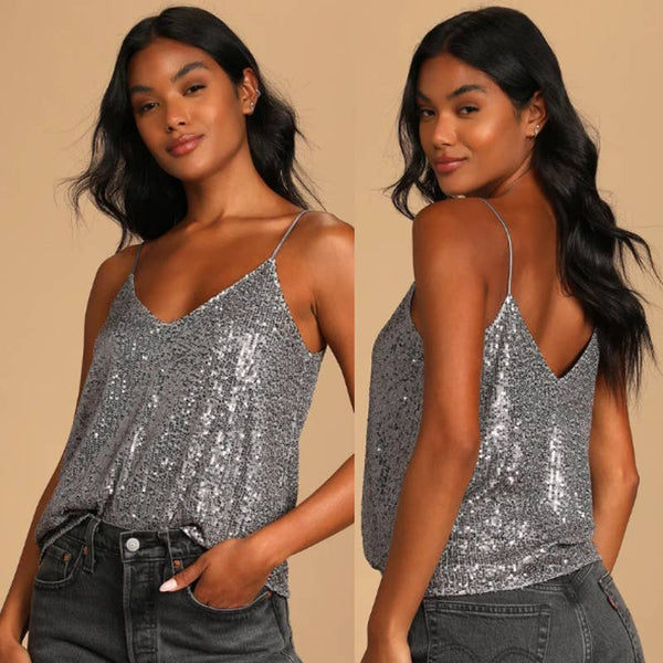 Lulu's NWT Sparkling Glimpse Sequin Sleeveless Scoop Neck Cami Top Gray Medium