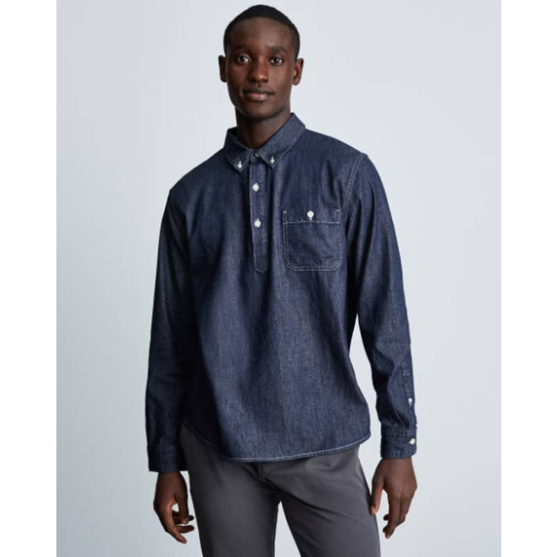 Everlane NWT The Denim Popover Button Front Pullover Shirt Dark Indigo Sz Large
