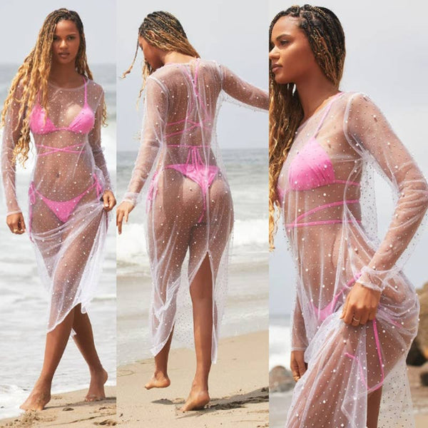 Lulus NWT Sparkling Waters Rhinestone and Pearl Midi Swim Cover-Up Large