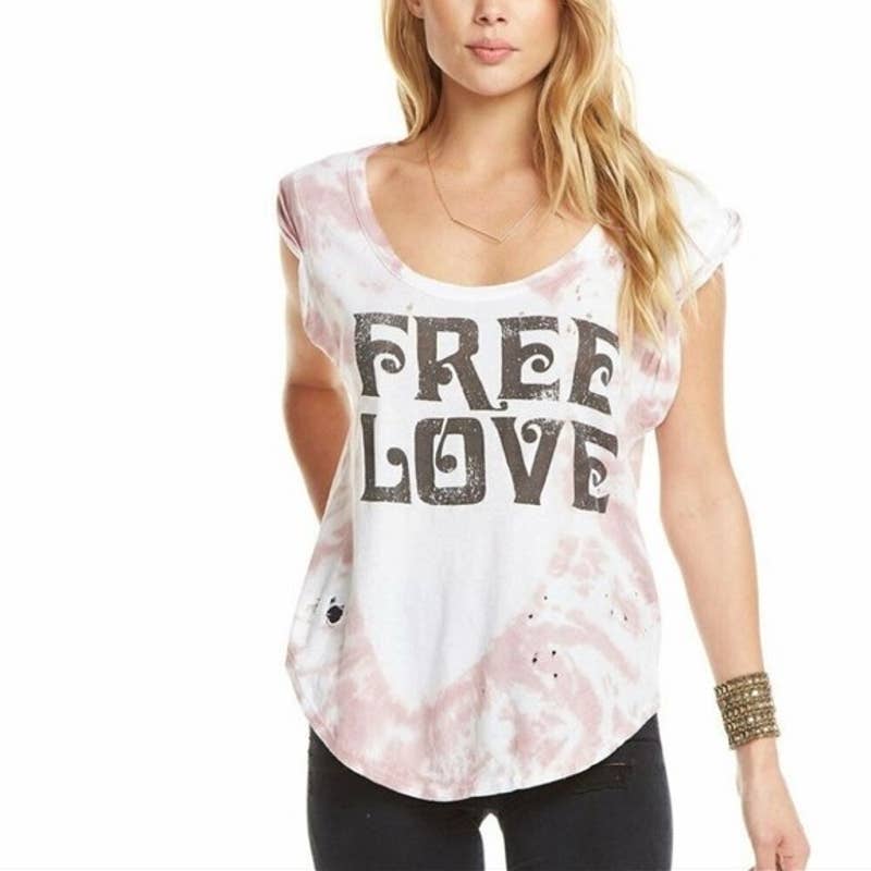 Chaser Revolve NWT Tie Dye Free Love Scoop Neck Cap Sleeve Distressed Top Pink