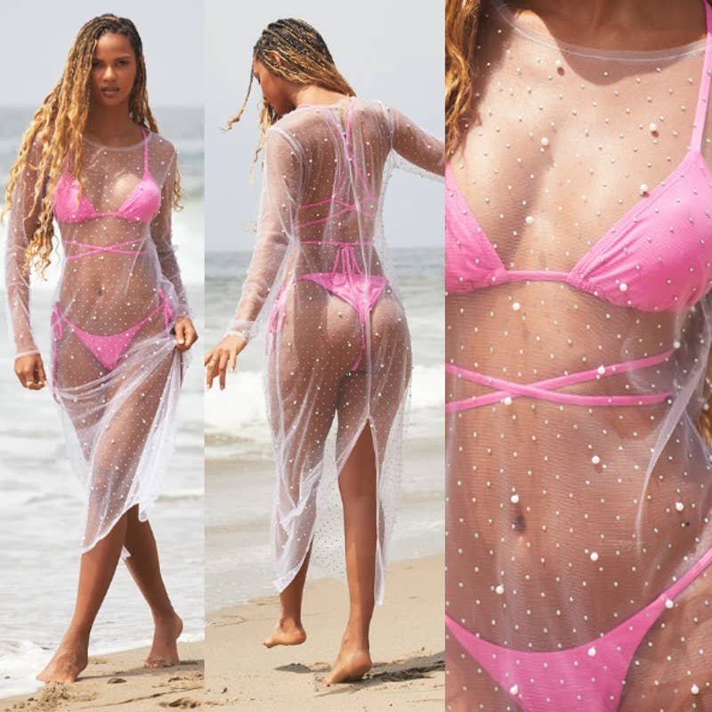 Lulus NWT Sparkling Waters Rhinestone and Pearl Midi Swim Cover-Up Large