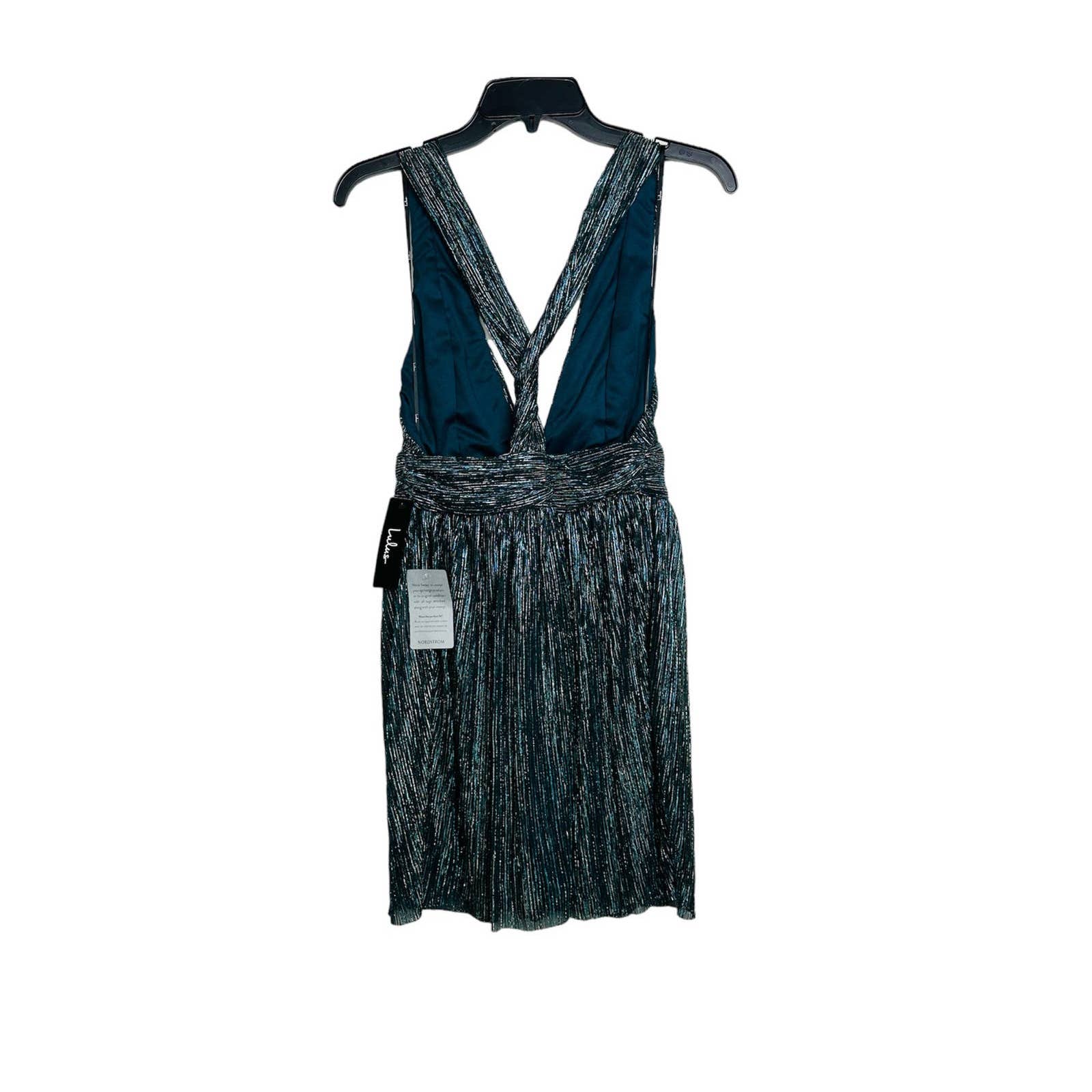 Lulus NWT Ailey Plunge V-Neck Metallic Skater Dress Gold & Teal