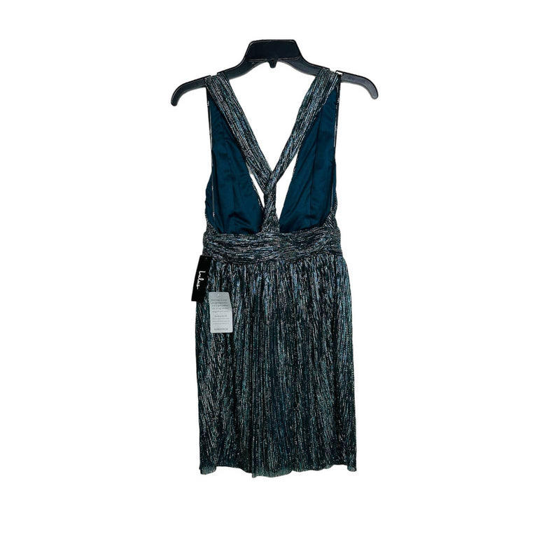 Lulus NWT Ailey Plunge V-Neck Metallic Skater Dress Gold & Teal