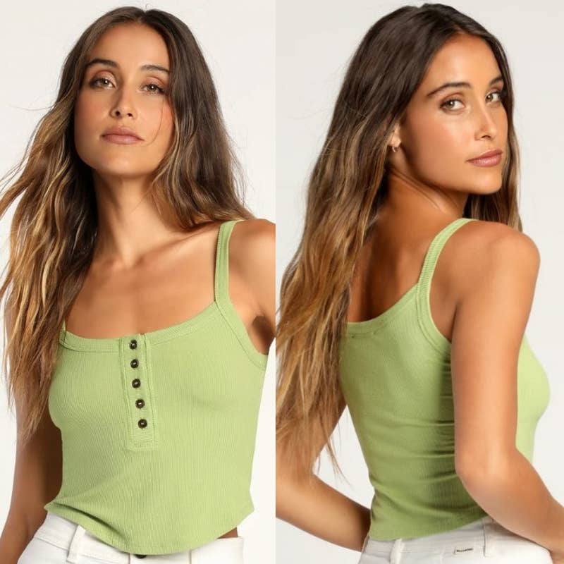 Lulus NWT Simply The Best Button-Front Ribbed Knit Henley Tank Top Green Large