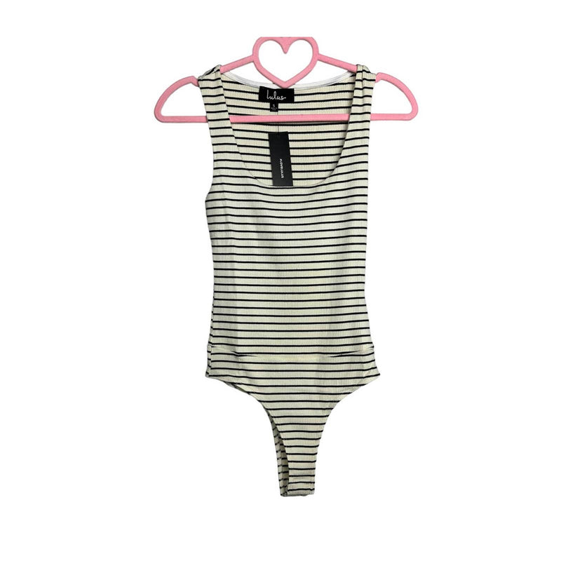 Lulus NWT Square'd You Go Striped Ribbed Square Neck Bodysuit White Size Small