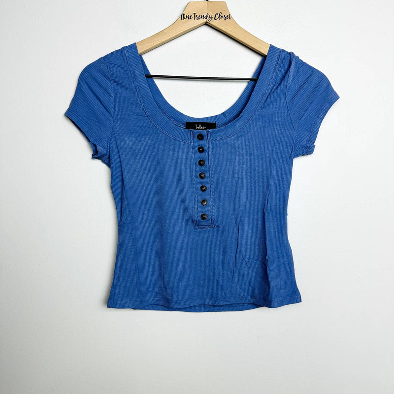 Lulus NWT Ribbed Knit Scoop Neck Short Sleeve Henley Cropped Top Blue