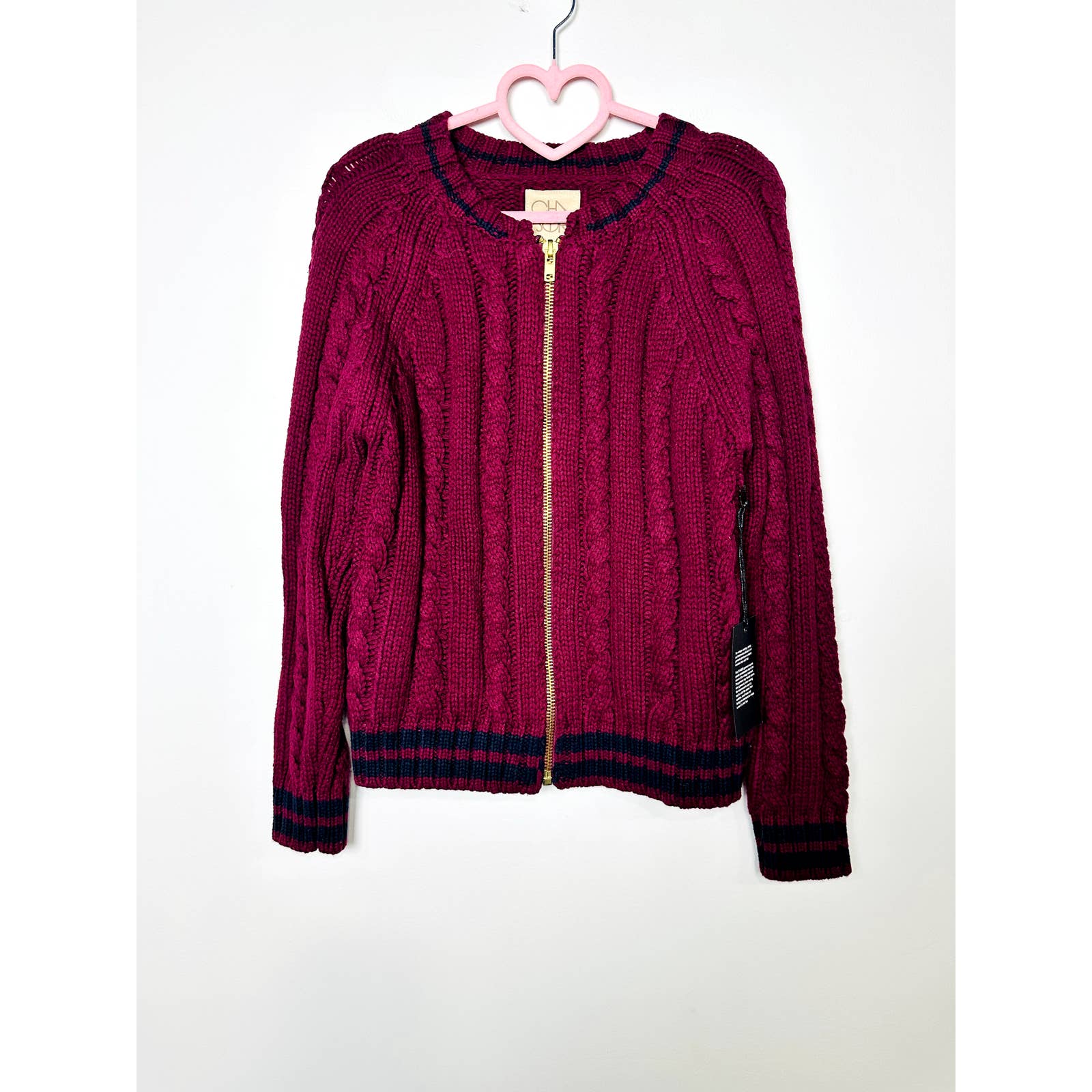 Chaser NWT Cable Knit Chunky Full Zip Cozy Cardigan Sweater Magenta Size Small