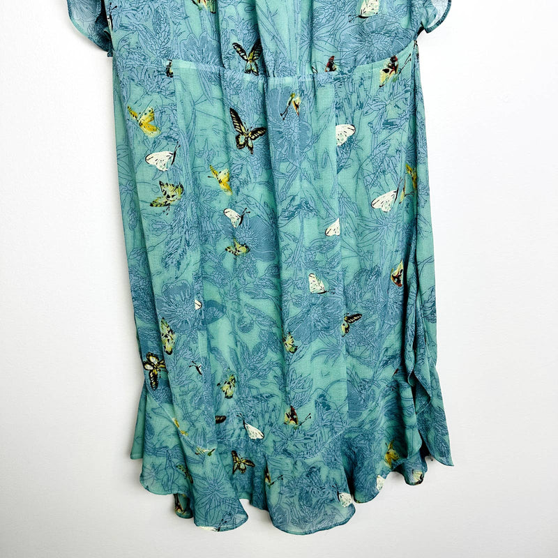 Anthropologie Feather Bone Floral Butterfly Ruffles Wrap Dress Green Large