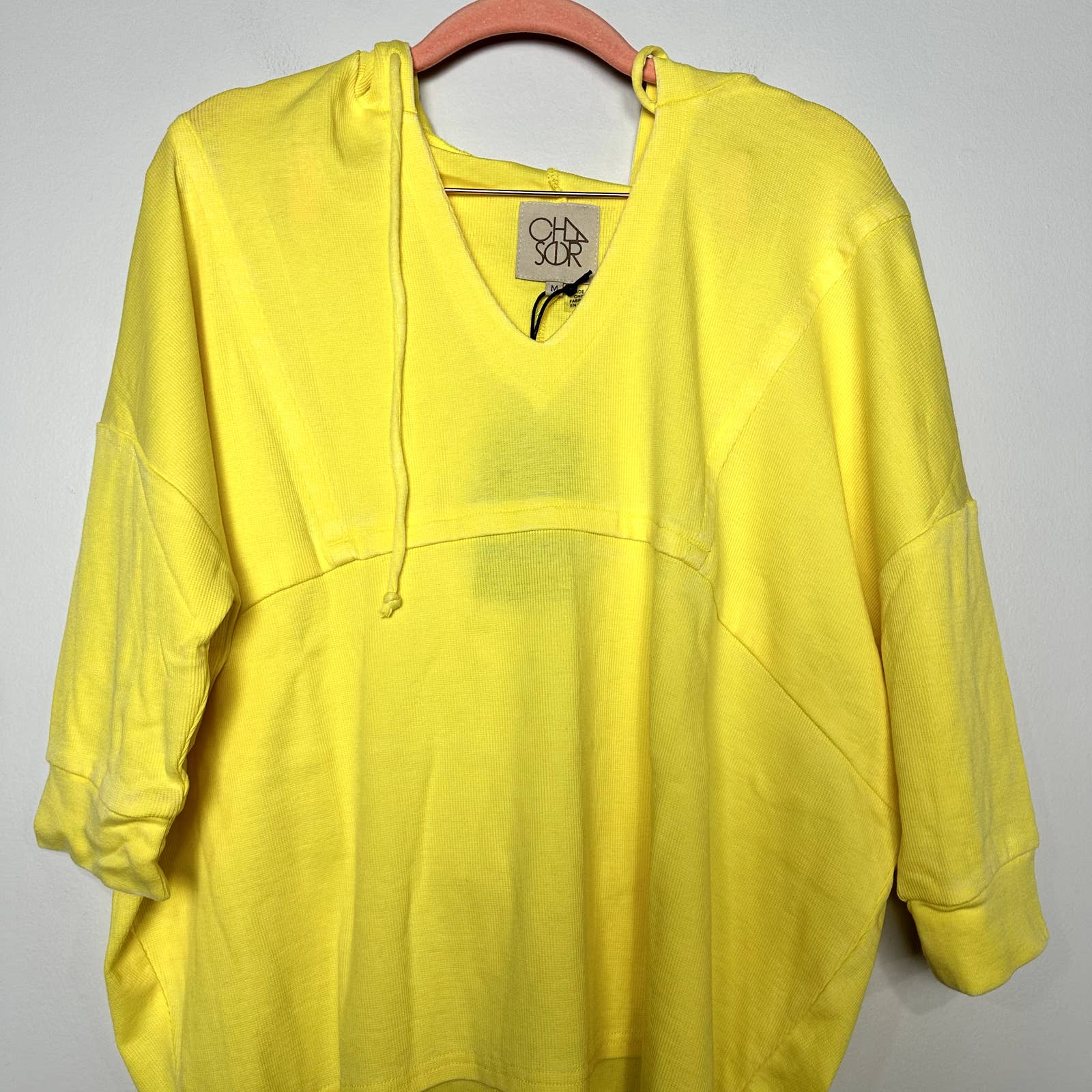 Chaser NWT V-Neck 3/4 Sleeve Drawstring Cropped Pullover Hoodie Yellow Sz Medium