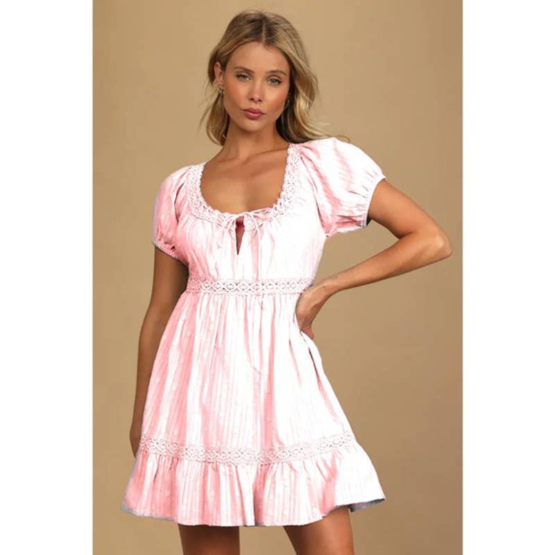 Lulus NWT So Darling Dotted Short Sleeve Tiered Boho A-Line Mini Dress Blush