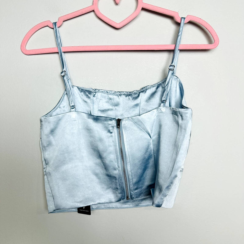 Lulus NWT Luxe'd Out Satin Silk Scoop Neck Cropped Tank Top Light Blue Size XS