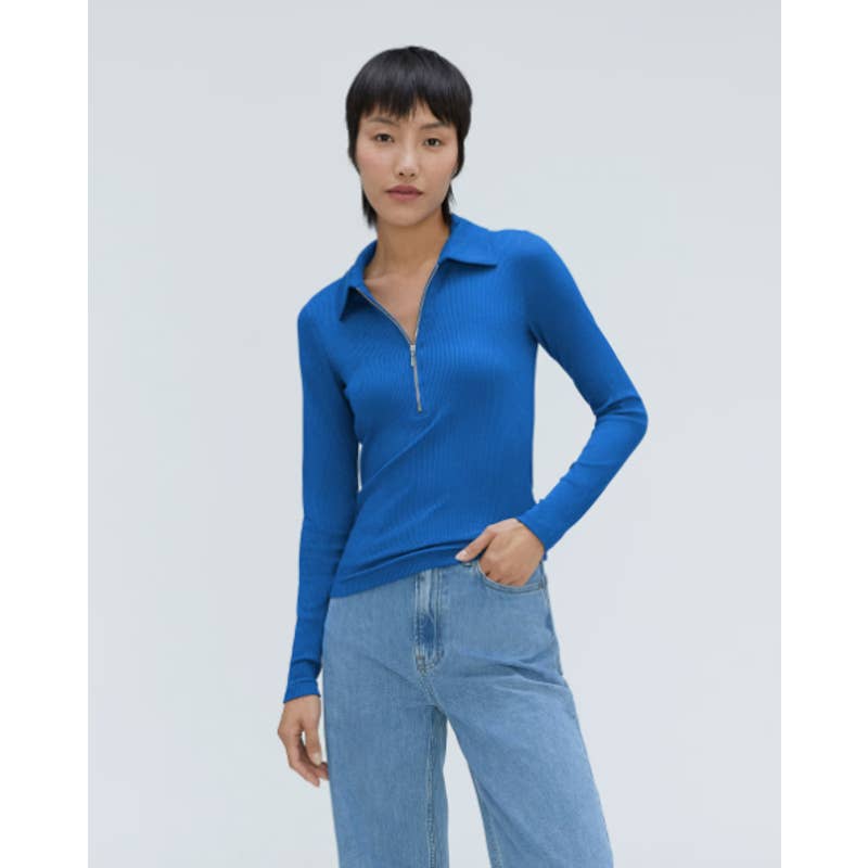 Everlane NWOT The Super Soft Quarter Zip Long Sleeve Polo Top Lapis Blue Medium