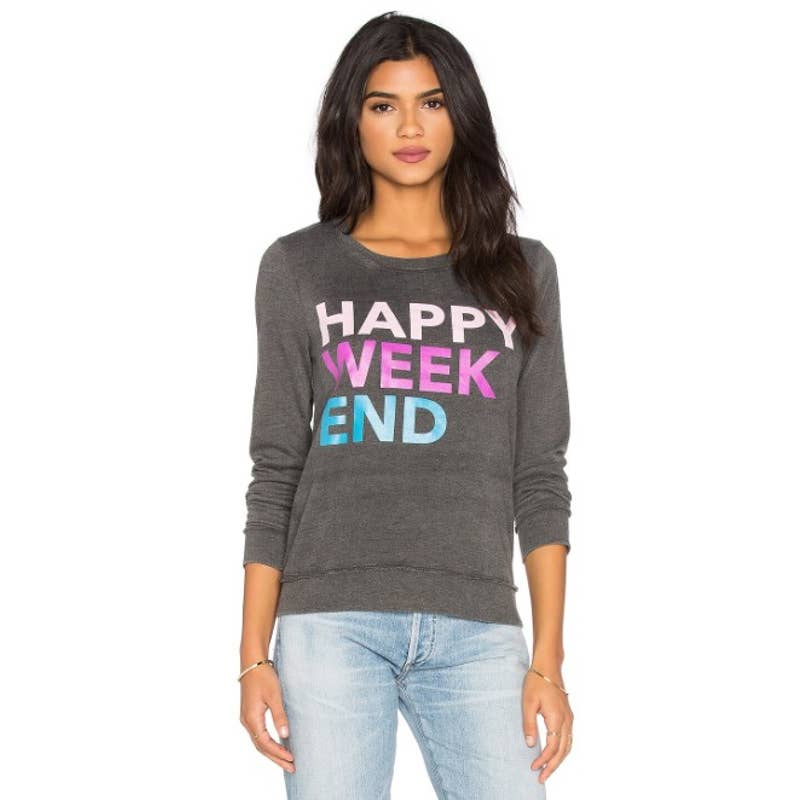 Chaser NWT Happy Weekend Grapjic Crewneck Long Sleeve Tee Charcoal Size Medium