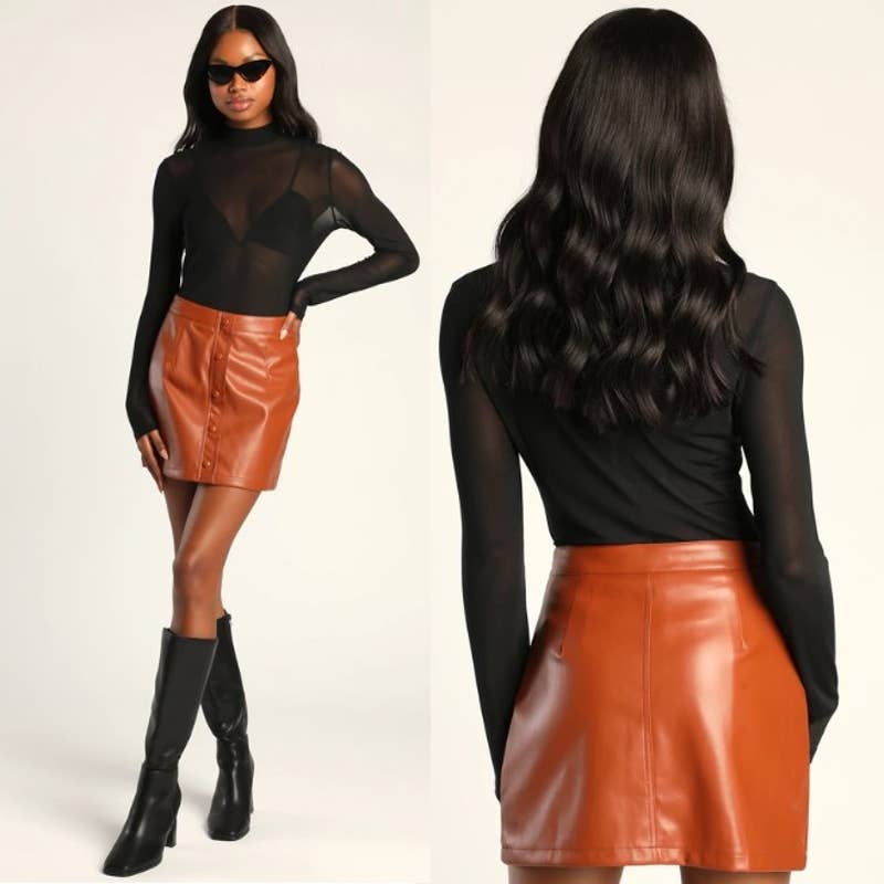 Lulus NWT Most Fab Brown Vegan Leather Button-Front Mini Skirt Clay