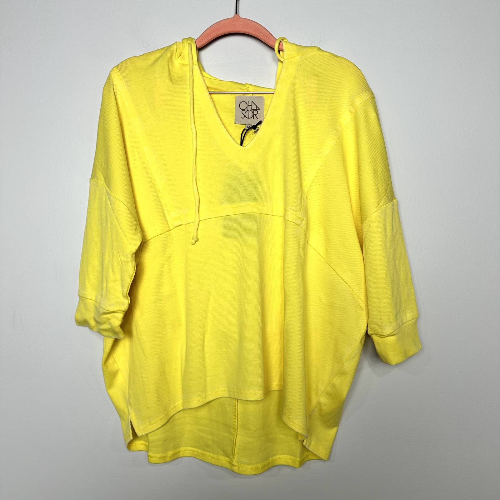 Chaser NWT V-Neck 3/4 Sleeve Drawstring Cropped Pullover Hoodie Yellow Sz Medium