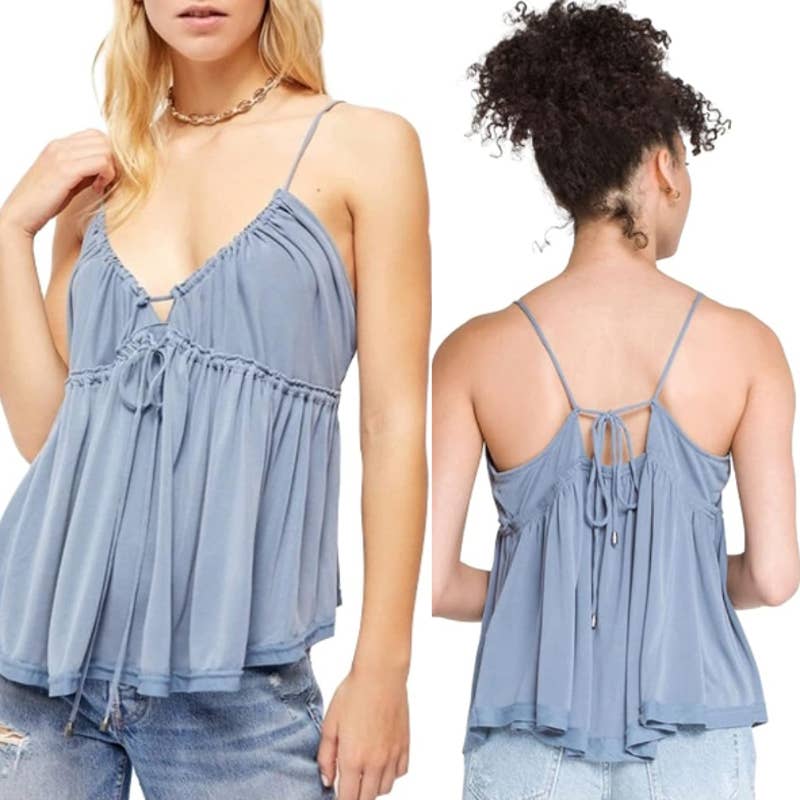 Free People Sundrop  Strappy Babydoll Ruffle Boho Tank Top Blue Size XSmall