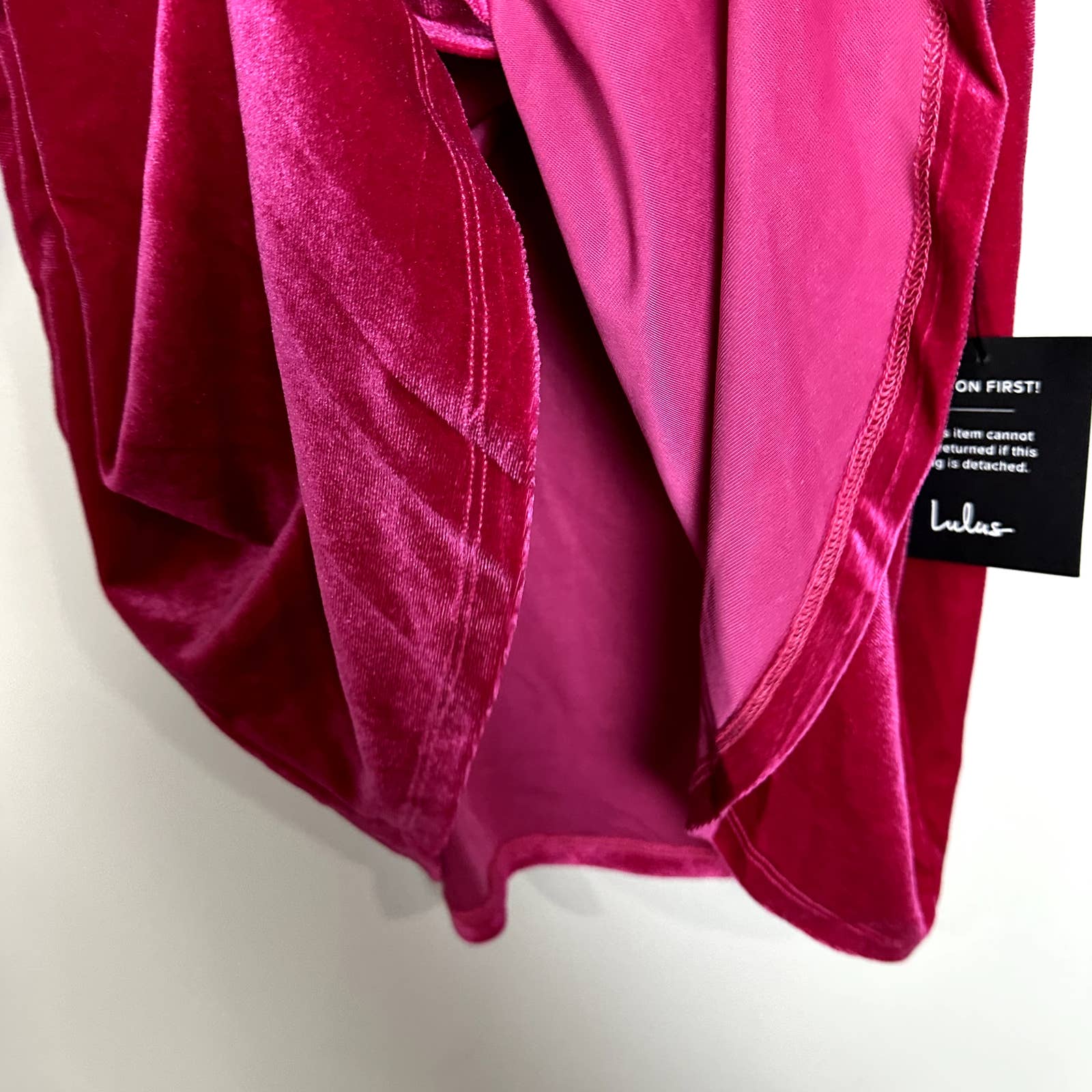 Lulus NWT All The Luxe Velvet Lace One-Shoulder Tulip Mini Dress Hot Pink