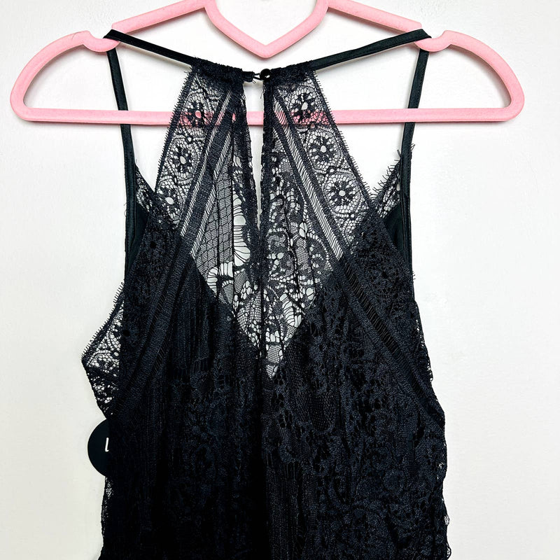 Lulus NWT Promise of Romance Black Satin Lace Sleeveless Lounge Romper Black