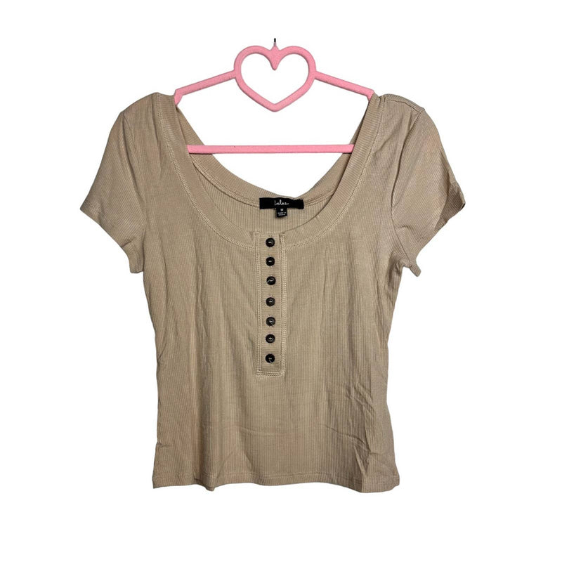 Lulus NWT Ribbed Knit Scoop Neck Short Sleeve Henley Cropped Top Beige Sz Medium
