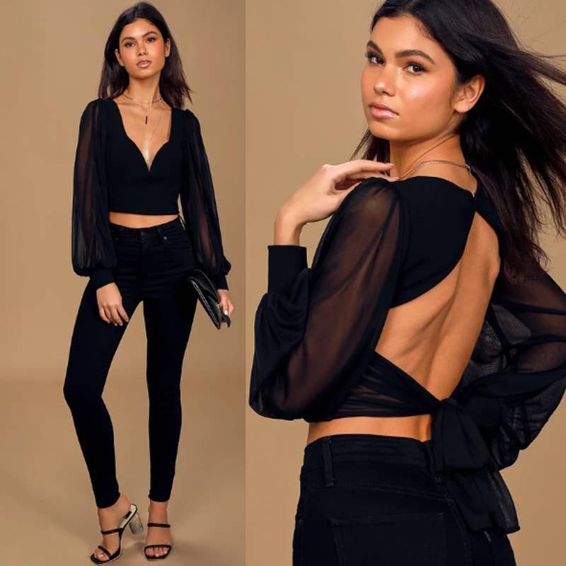 Lulus NWOT Starting the Party Mesh Balloon Sleeve Backless Crop Top Black Sz XS