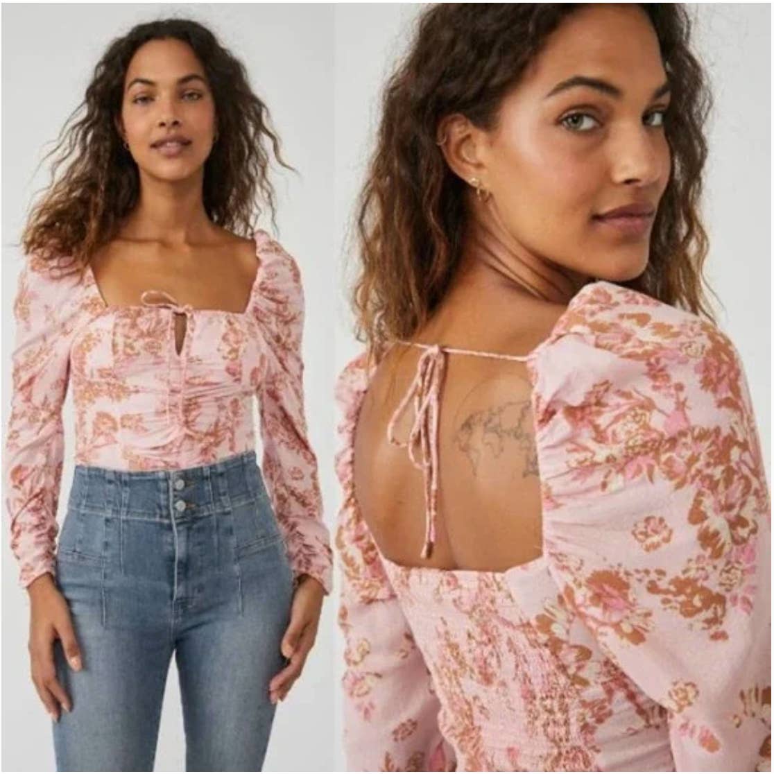 Free People NWT Floral Hilary Puff Sleeve Square Neck Top Pink Small OB1569574