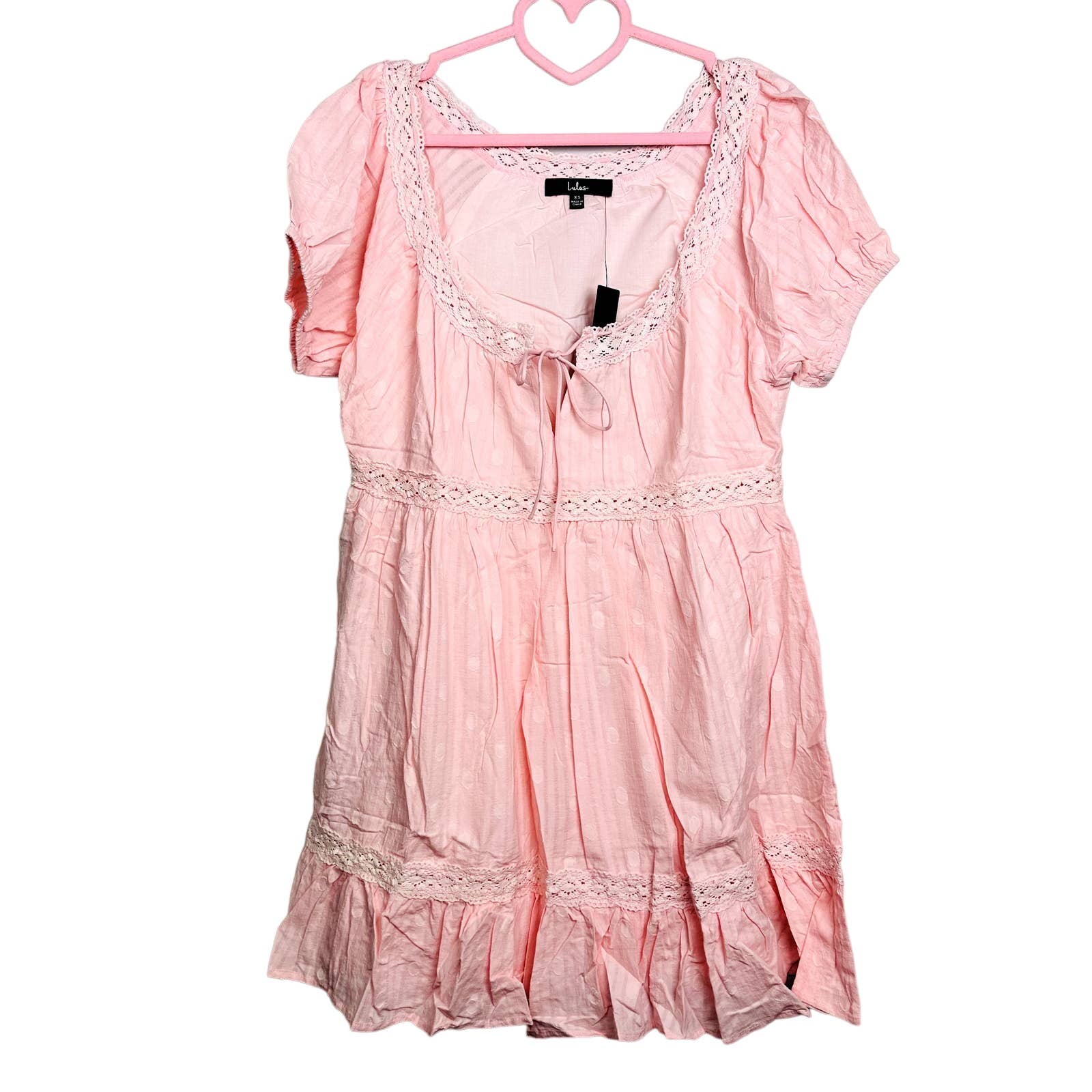 Lulus NWT So Darling Dotted Short Sleeve Tiered Boho A-Line Mini Dress Blush