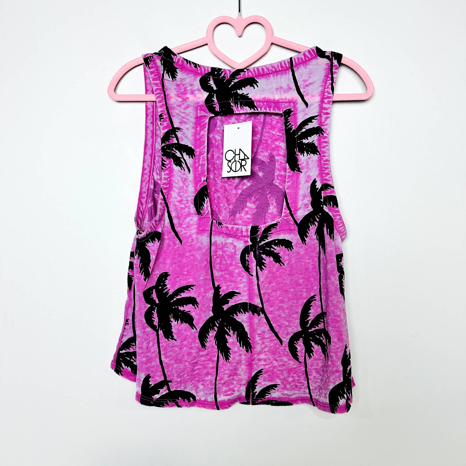 Chaser NWT Sway Coconut Tree Acid Wash Cutout Sleeveless Tank Top Pink Sz Small