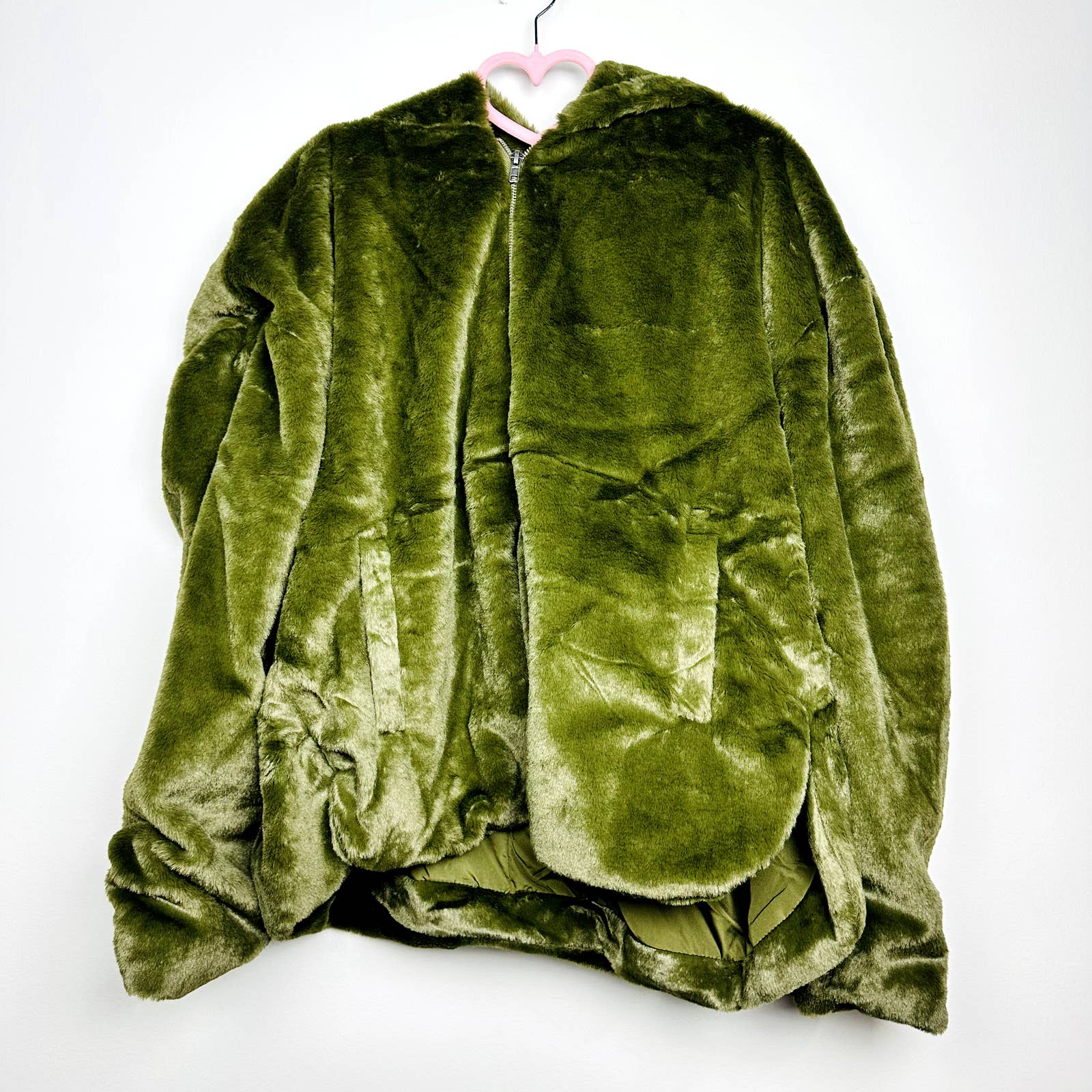 Lulus NWT Deluxe Diva Faux Fur Cozy Oversized Full Zip Hooded Jacket Olive Sz XL